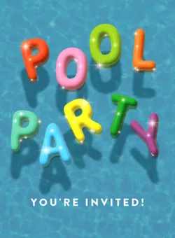 Colorful letter balloons spelling POOL PARTY float on clear blue water with text You're invited below.