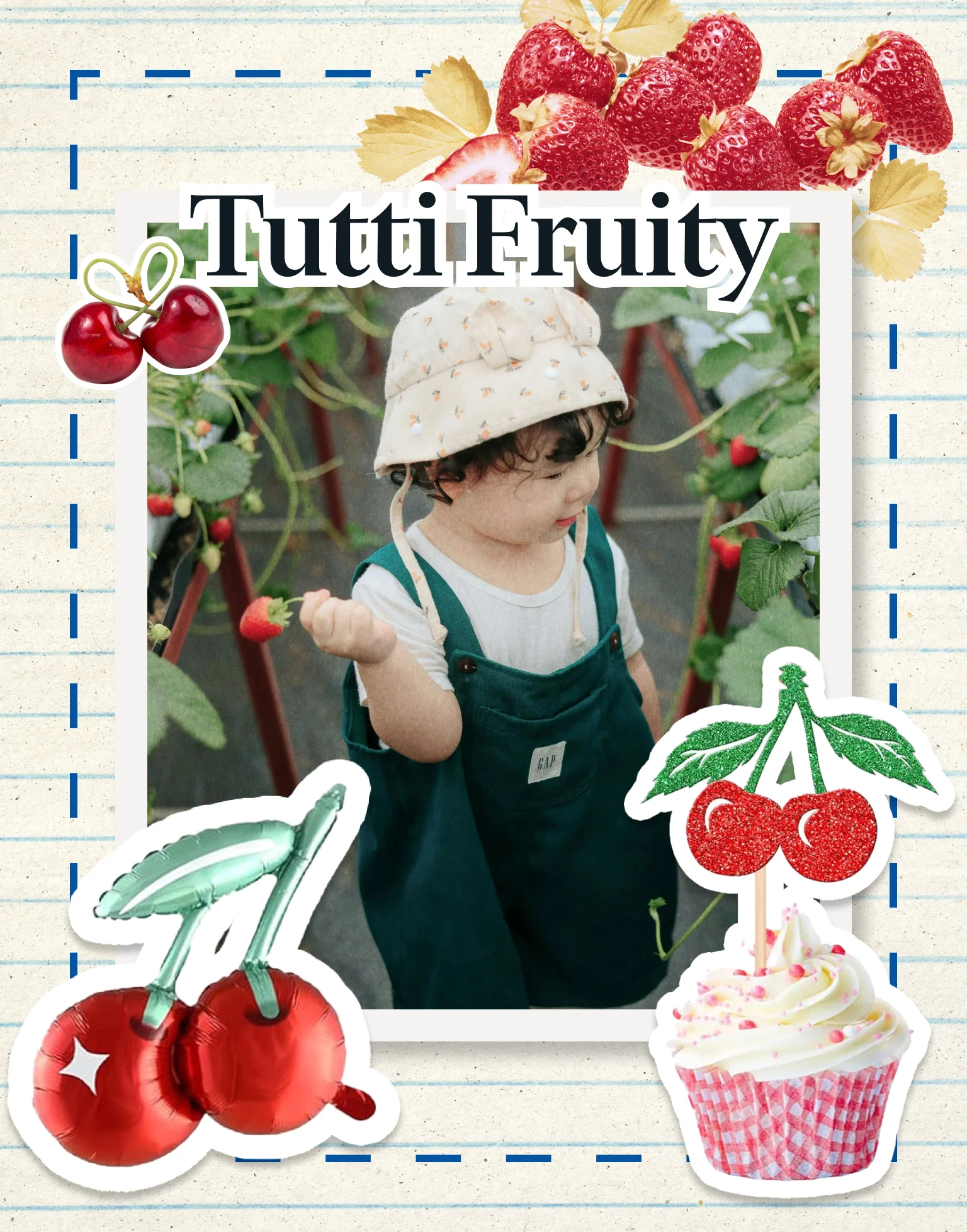 Toddler in overalls and hat picking strawberries in a garden, surrounded by cherry stickers.