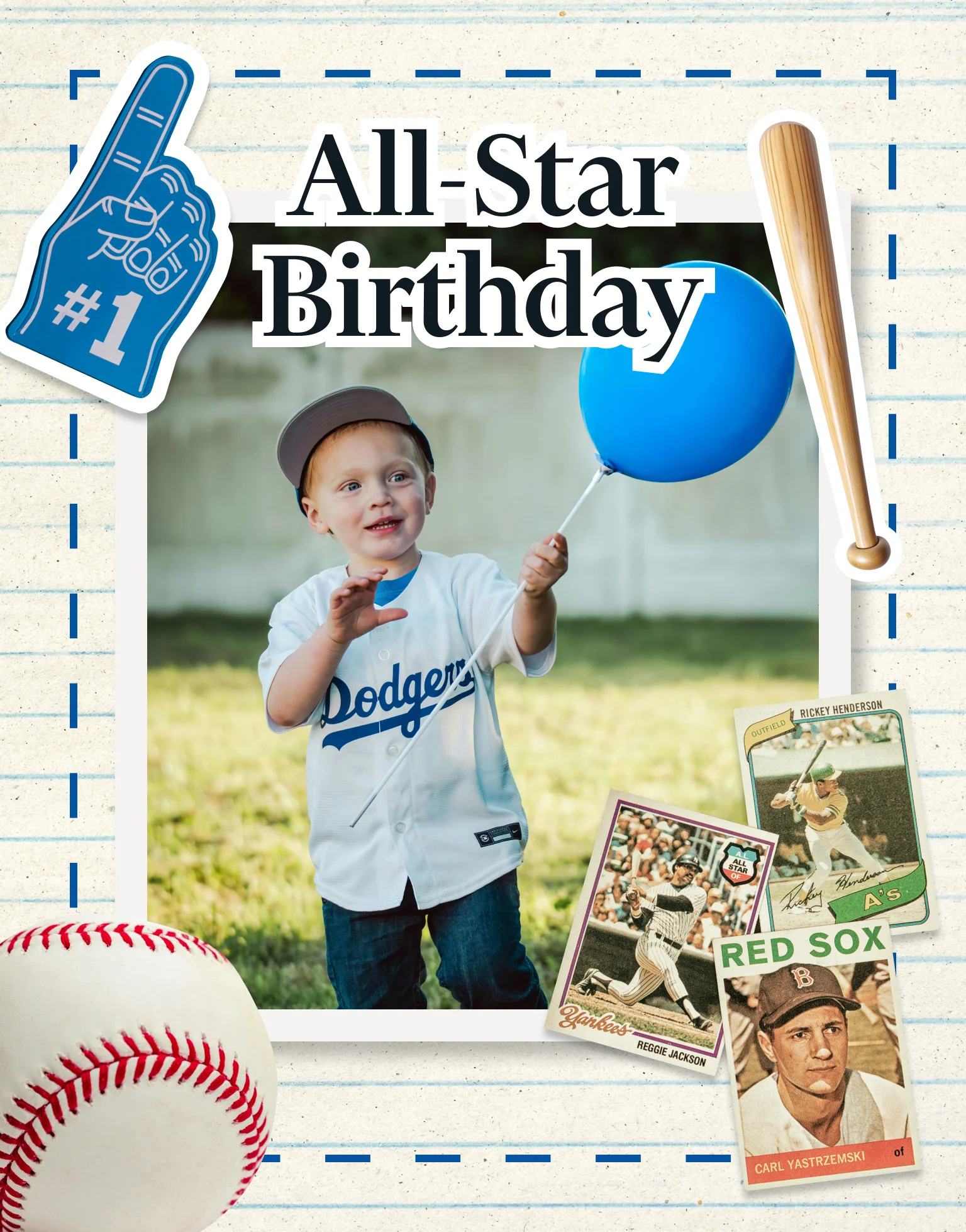 Toddler in Dodgers shirt holding blue balloon with baseball cards, bat, ball, and #1 glove foam finger.