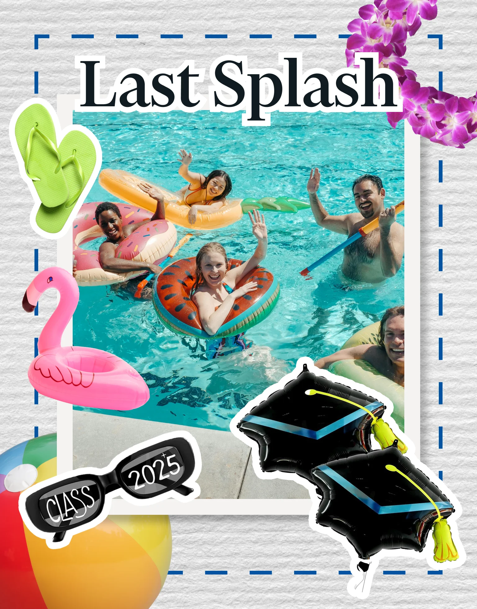 Five people smiling and waving in a pool with inflatable floaties and graduation-themed decorations.