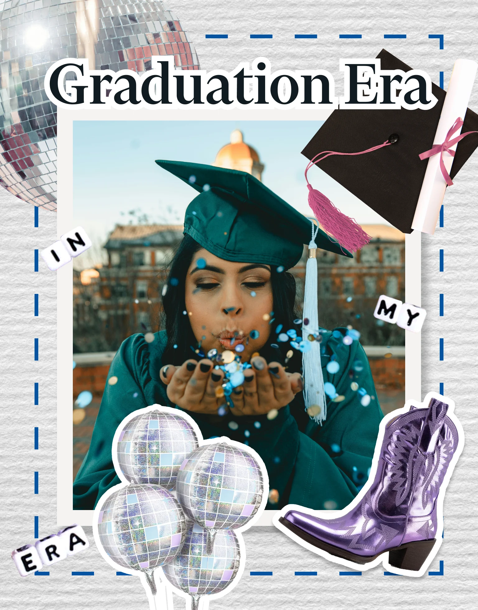 Woman in green graduation gown and cap blows glitter with disco balls and purple boot stickers around.
