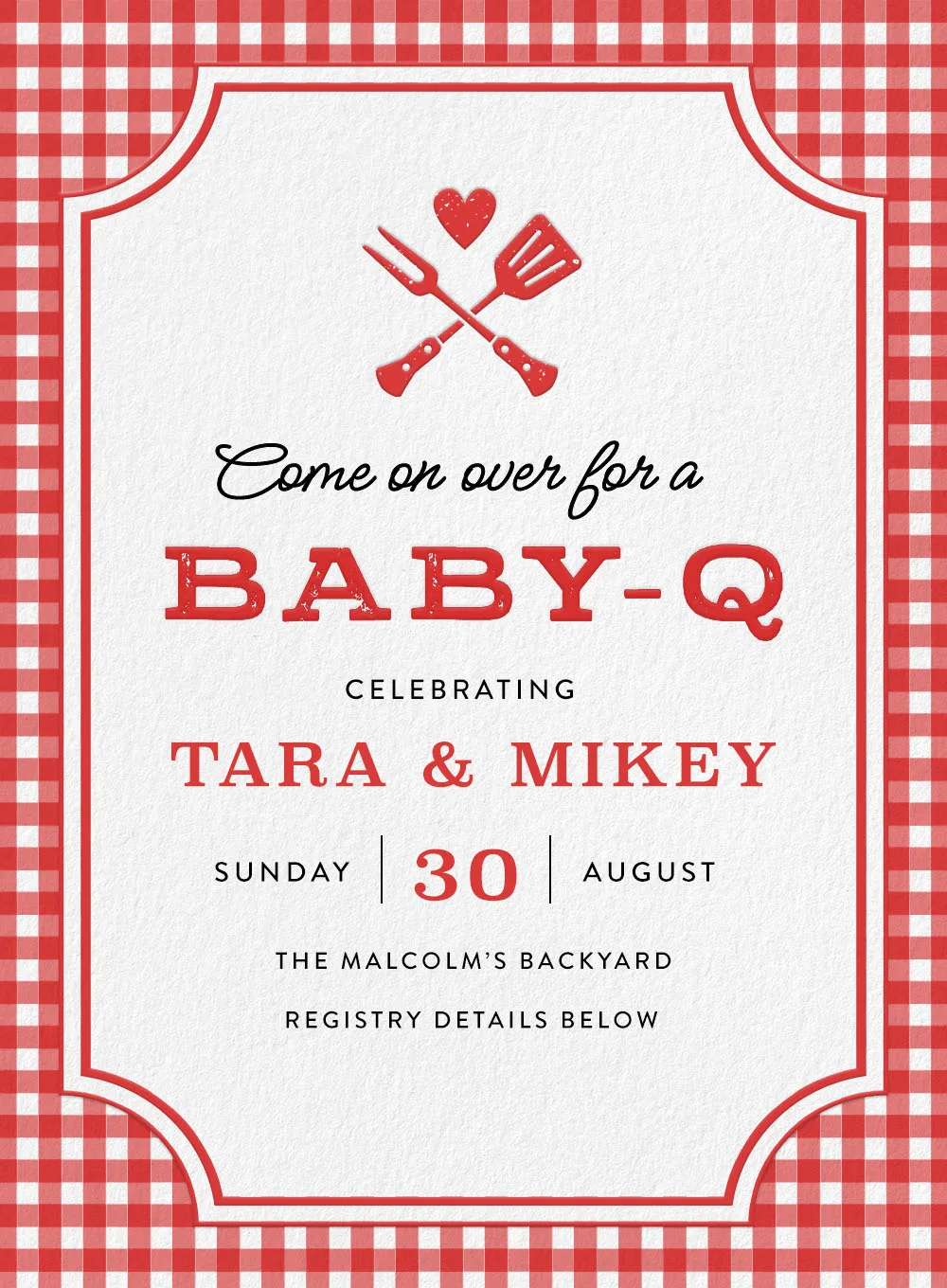 Red and white gingham border with text inviting to a Baby-Q celebrating Tara and Mikey on August 30.