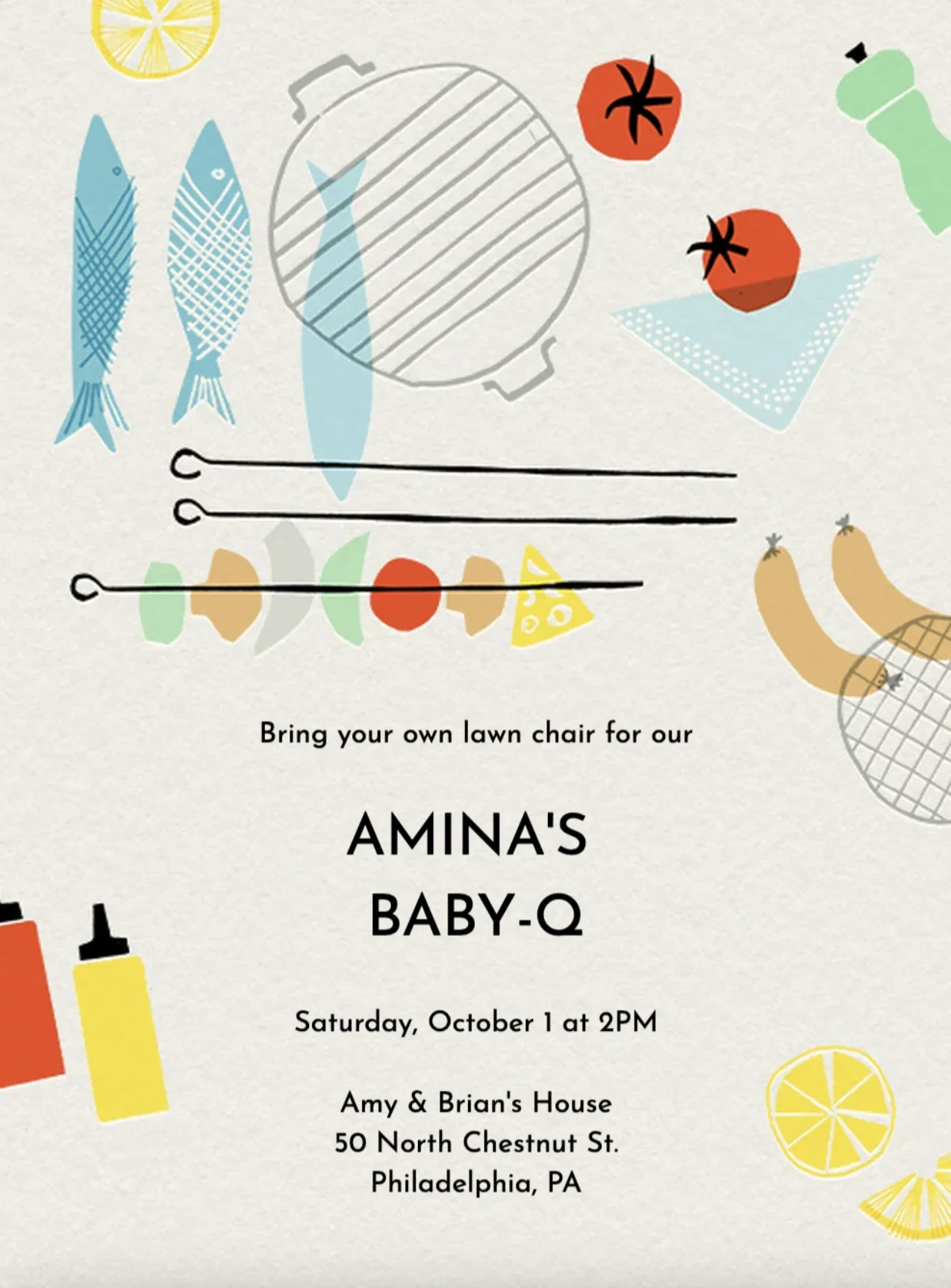 Invitation for Amina's Baby-Q on October 1 at 2PM with illustrated grill, skewers, fish, and condiments.