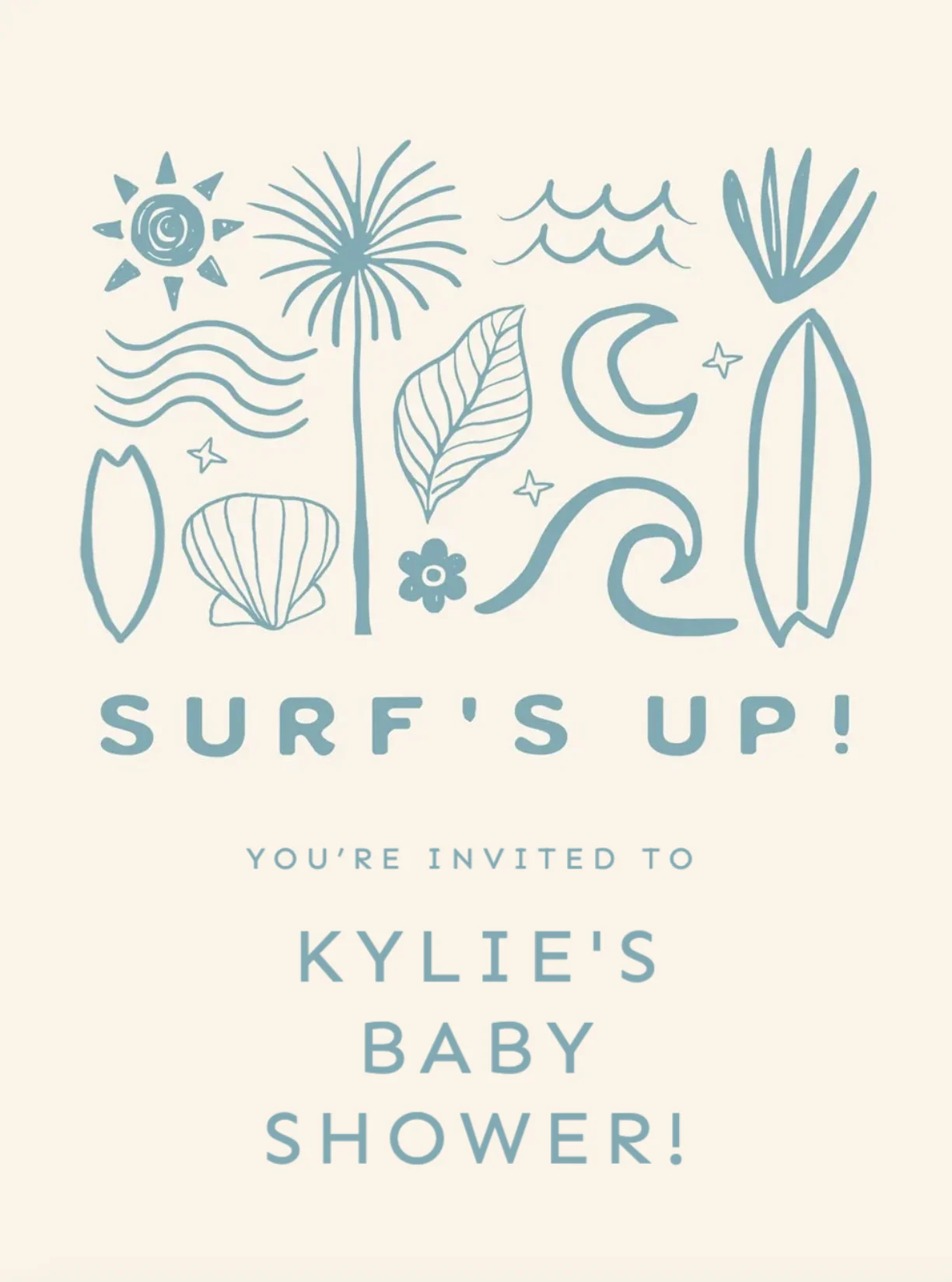 Surf-themed baby shower invitation with waves, palm tree, sun, moon, surfboards, and sea shells.