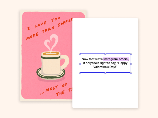 A Valentine's Day card featuring a cup of coffee with I love you more than coffee most of the time written on it.