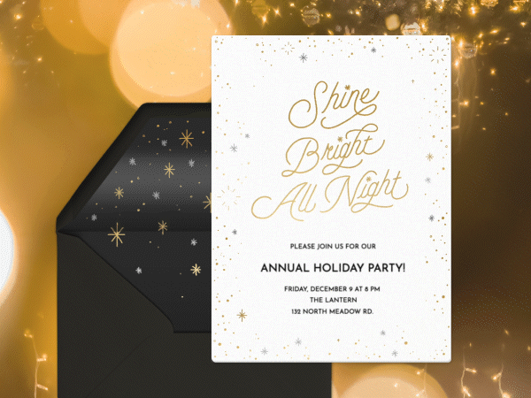 Animated holiday invitation with fairy lights in background.
