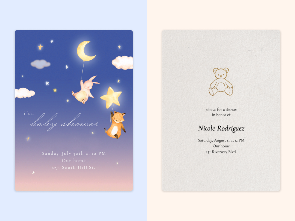A celestial invitation with baby animals on it next to an invitation with a teddy bear on it.