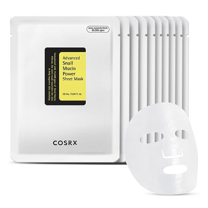 COSRX Advanced Snail Mucin Power Sheet Masks in white packets with one unfolded white sheet mask.