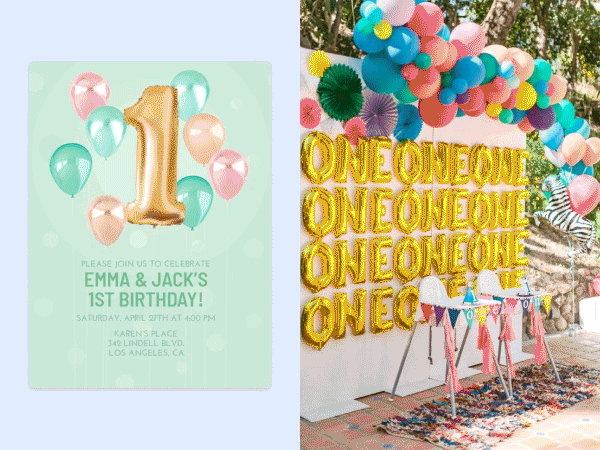 Birthday setup with gold 'ONE' balloons, colorful balloon arch, and decorated table outdoors.