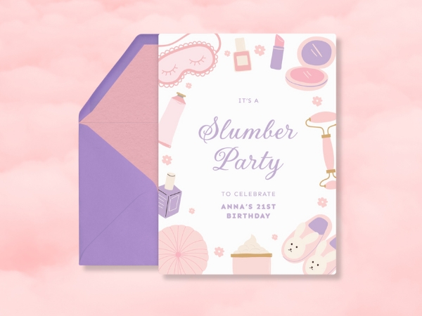 Invitation card and purple envelope for Anna's 21st birthday slumber party with sleepwear icons.