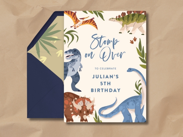 Birthday invitation card with colorful dinosaurs and text 'Stomp on Over to Celebrate Julian's 5th Birthday'.
