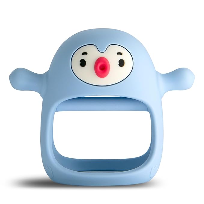 Blue silicone baby teething toy shaped like a bird with a red beak and open rectangular mouth.