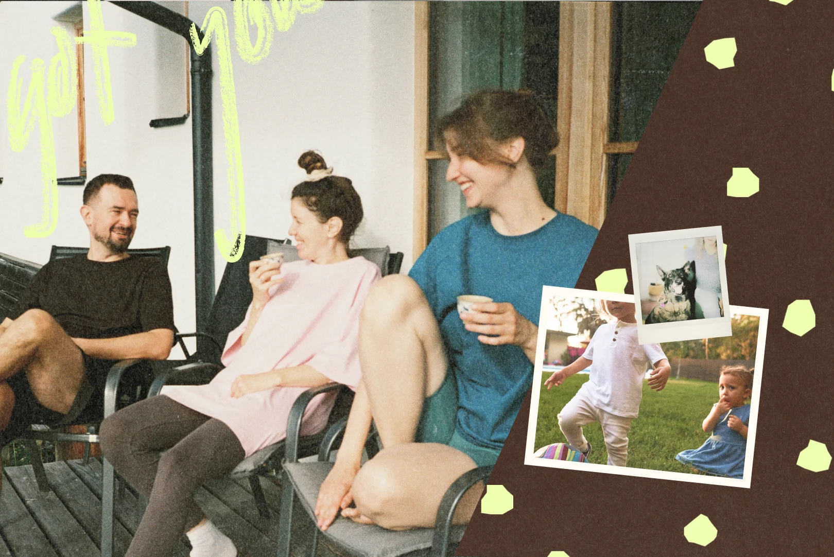 Three people sitting on chairs, smiling and holding cups, with photos of a dog and kids nearby.