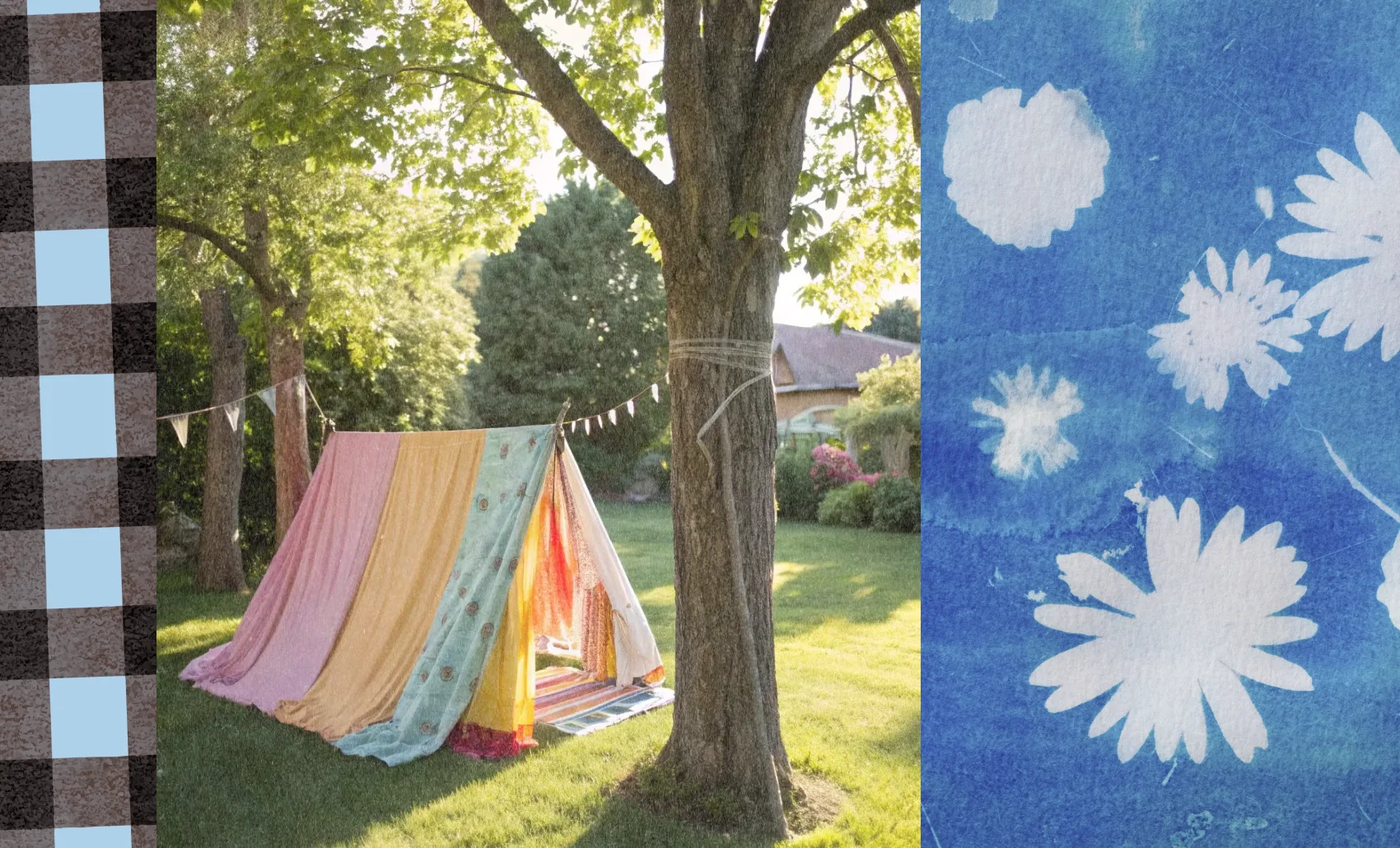 Colorful striped fabric tent pitched under green leafy trees on a grassy yard in sunlight.