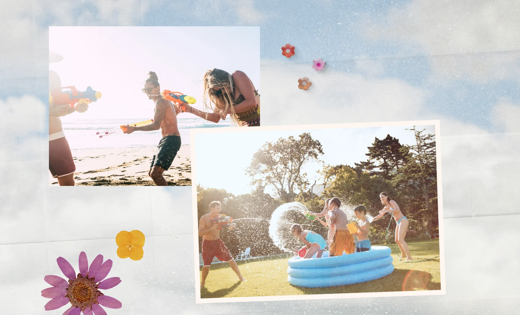 Kids and adults playing with water guns and sprinklers in pools and on a sunny beach and lawn.