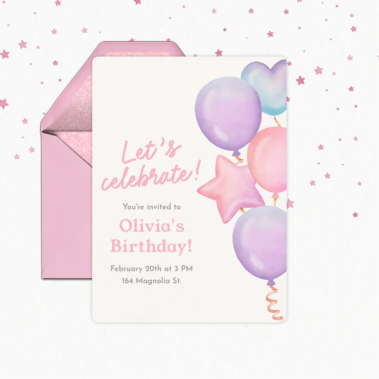 Birthday invitation card with pink envelope and balloons, inviting to Olivia's birthday on Feb 20 at 3 PM.