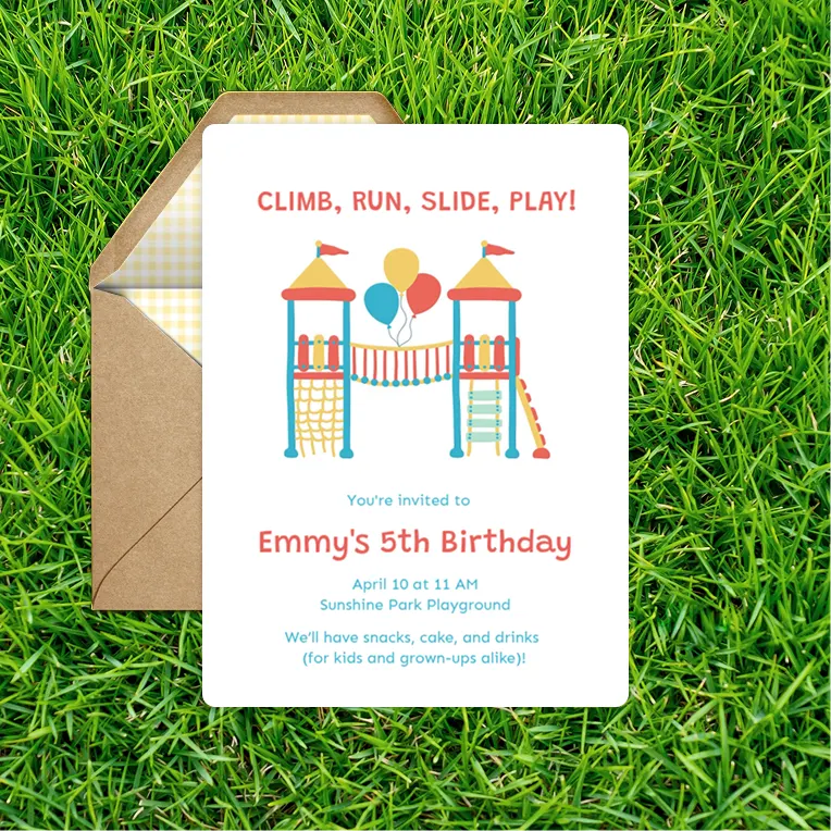 Birthday invitation card with playground graphic, balloons, and text for Emmy's 5th birthday party.