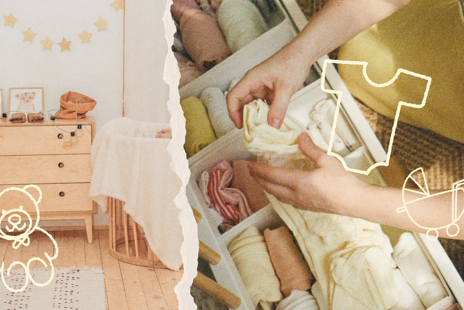 Hands folding soft baby clothes in a neatly organized drawer with a cozy nursery background.