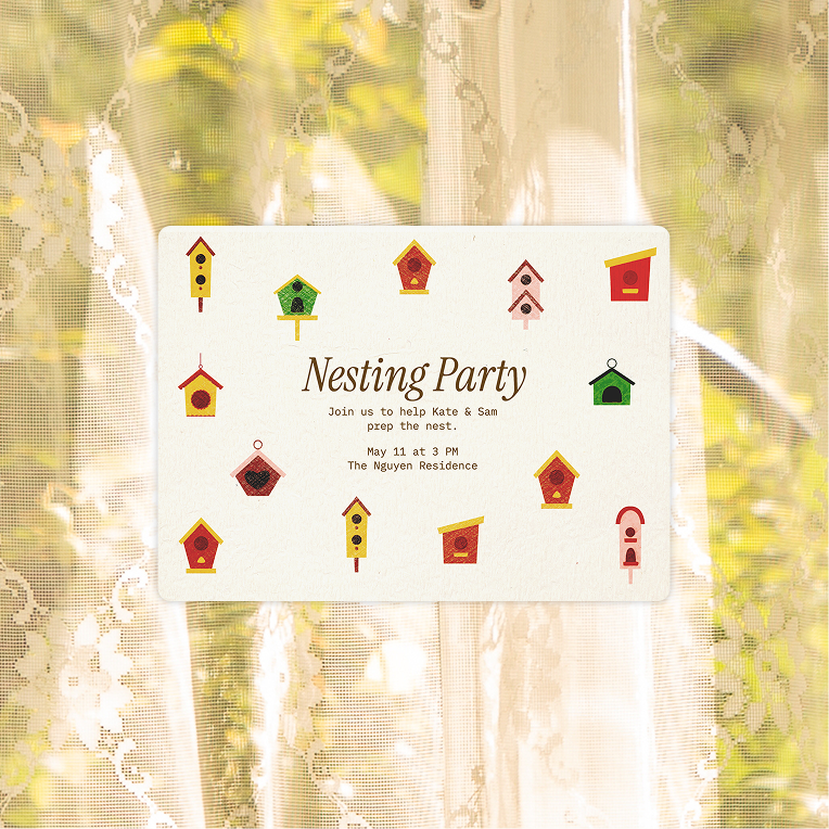 Invitation with birdhouse illustrations for a Nesting Party on May 11 at 3 PM at Nguyen Residence.