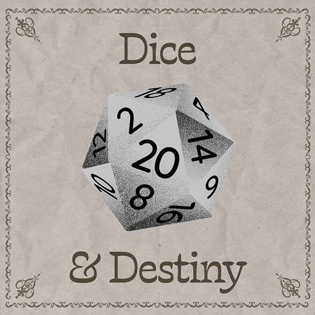 A gray 20-sided die with black numbers on a textured background with the text Dice & Destiny.