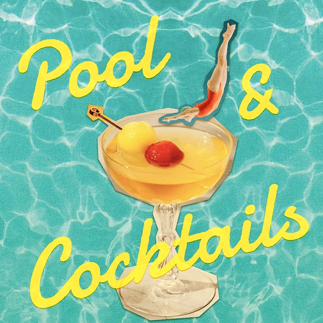 Illustration of a diver diving into a cocktail glass against a blue pool water background with text "Pool & Cocktails."