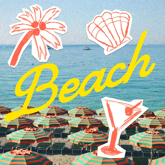 View of a crowded beach with green and orange umbrellas and sea with a boat in the distance.