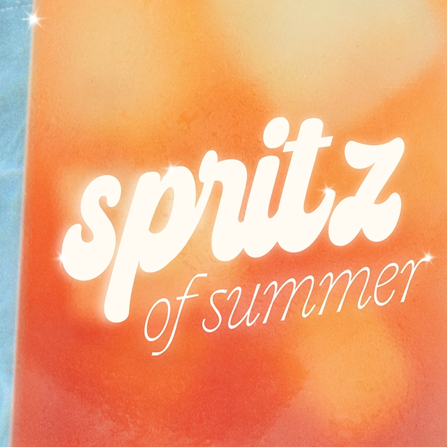 Text 'spritz of summer' over a glowing orange and blue blurred background with sparkles.