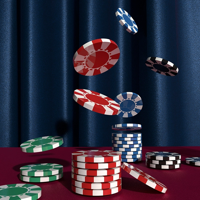 Stacks and flying poker chips in red, green, blue, and black on a red surface with a blue curtain background.