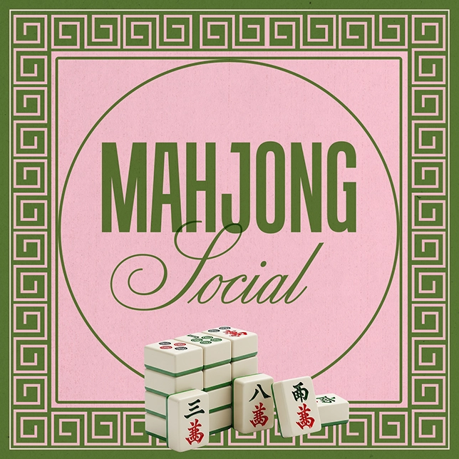 Stacked Mahjong tiles with green and pink vintage decorative border and text 'Mahjong Social'.