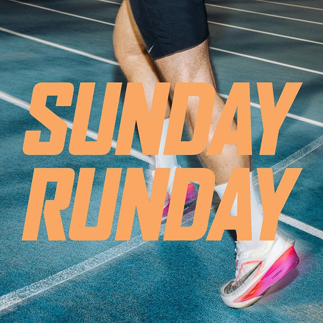 Close-up of a runner's legs in white and pink shoes running on a blue track with text Sunday Runday.
