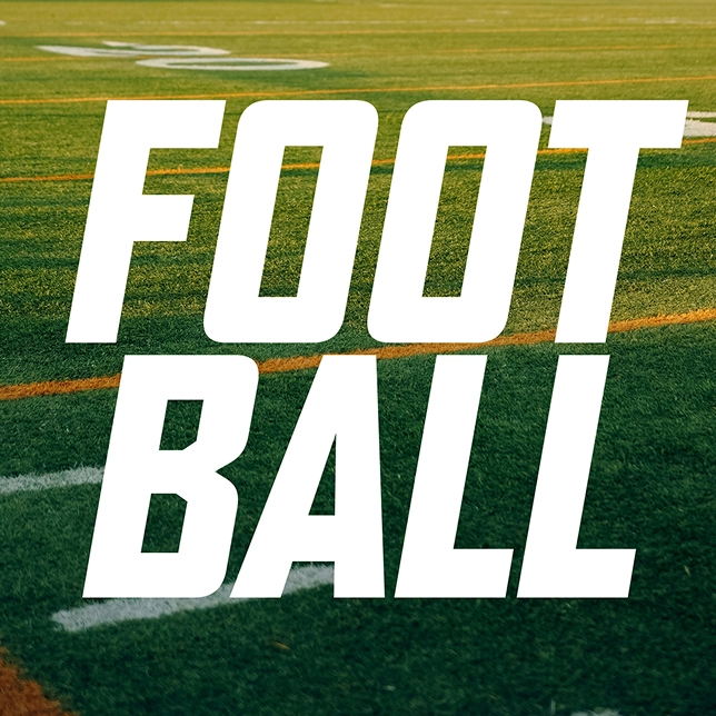 White bold text 'FOOTBALL' over a green football field with yard line markings.