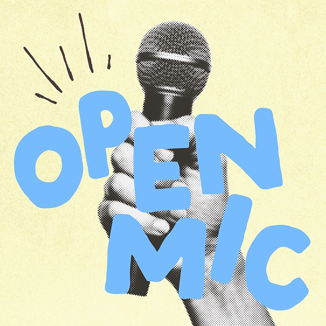 Black and white hand holding a microphone with large blue text reading open mic on a pale background.