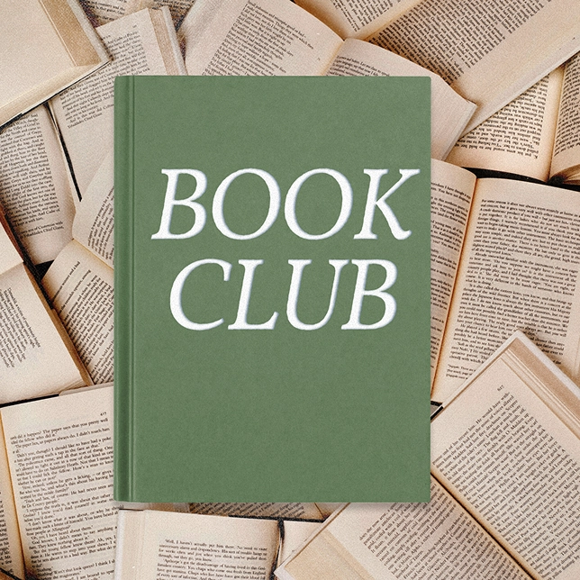 Green hardcover book with white text 'BOOK CLUB' on top of scattered open books.