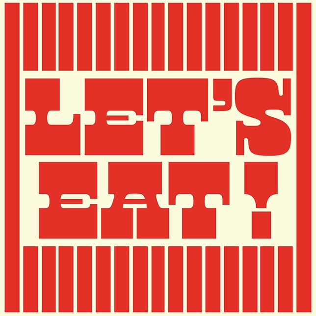 Bold red text saying LET'S EAT! with thick vertical bars above and below on cream background.