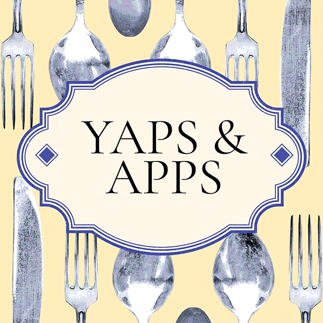 YAPS & APPS text inside a decorative frame with forks, spoons, and knives on a light background.