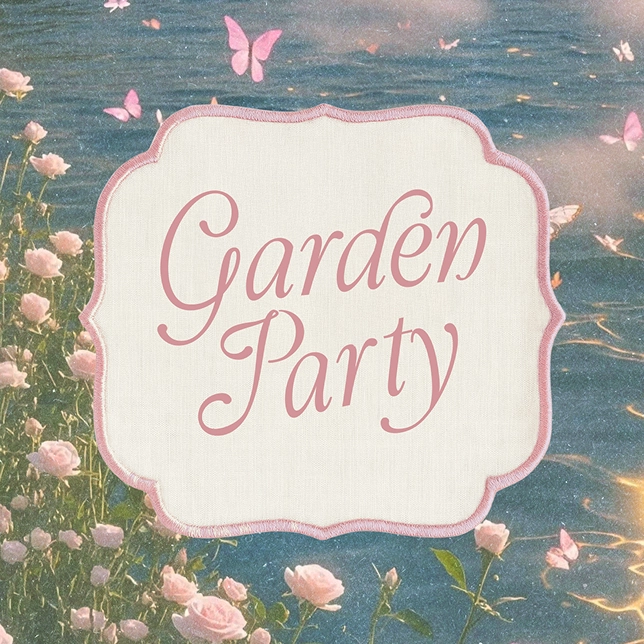 Text 'Garden Party' in pink script on white sign with pink border, surrounded by pink roses and butterflies.