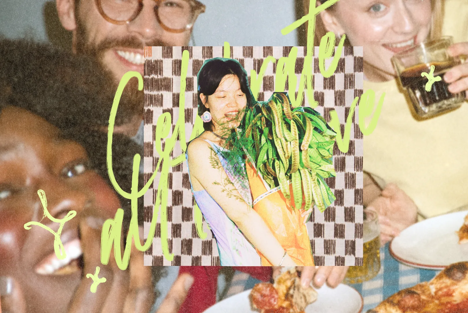 Collage of people enjoying pizza together and a woman holding a large bouquet of green plants.