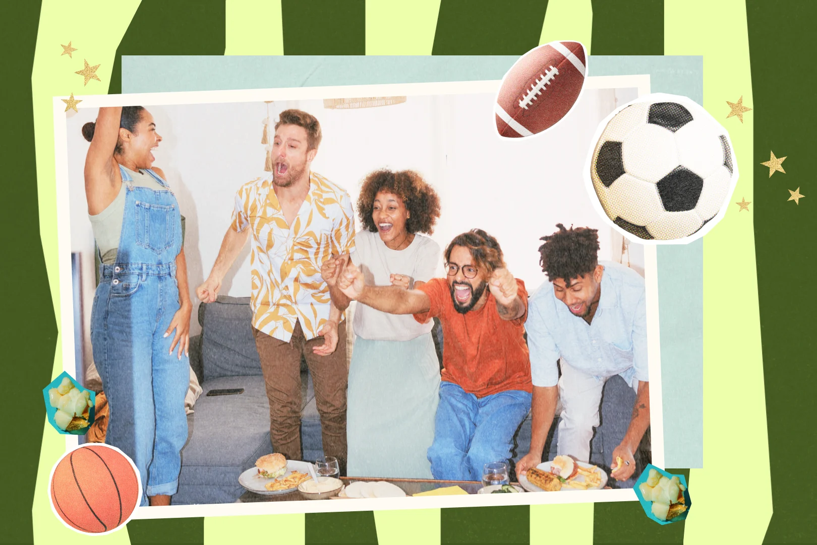A group of five friends cheer excitedly while watching a sports game indoors.