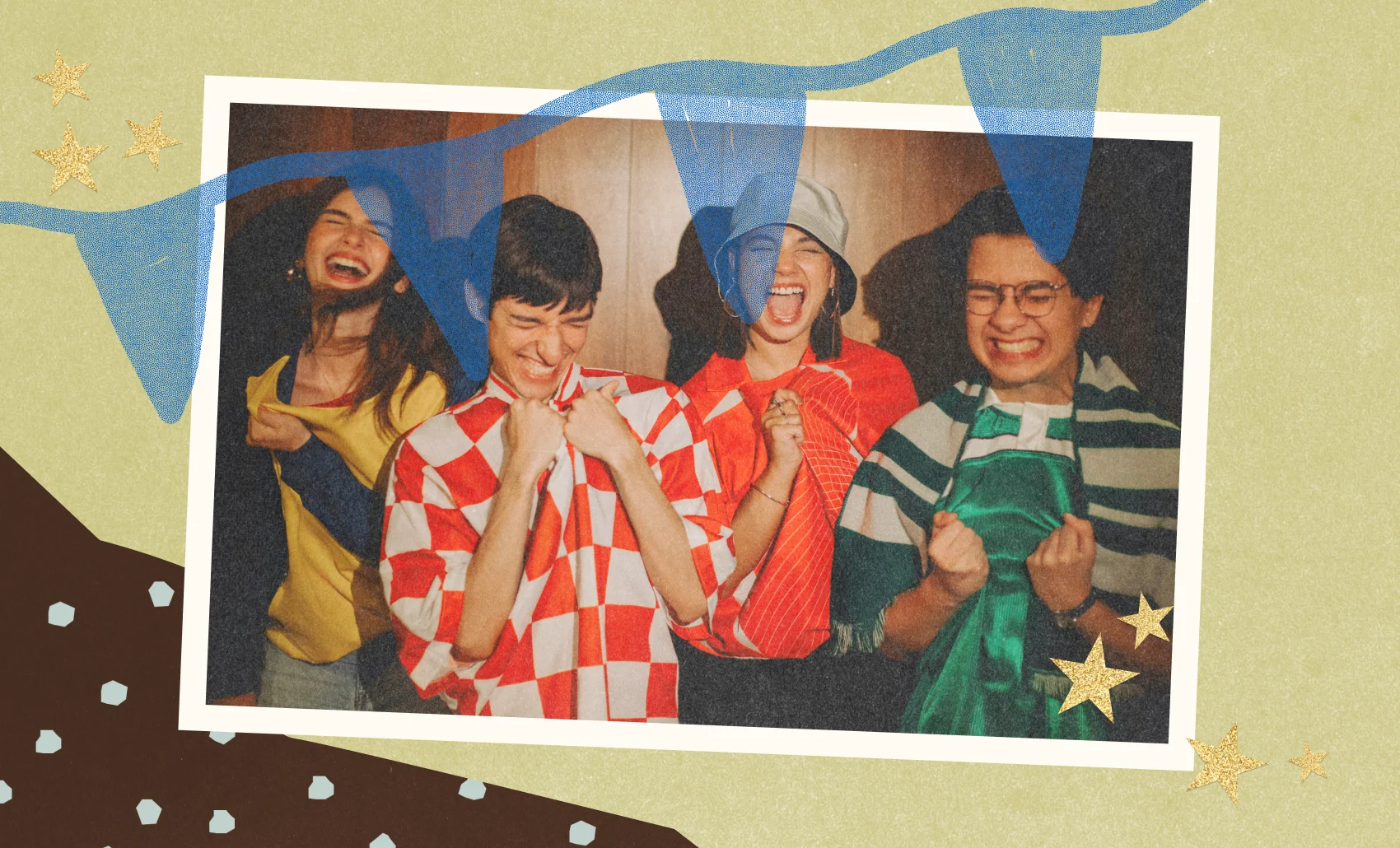 Four friends happily cheering wrapped in colorful scarves and garments against a wooden backdrop.