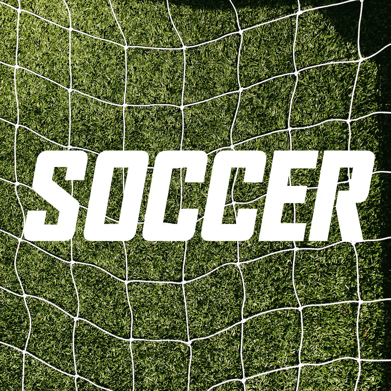 Close-up of a soccer goal net with green grass visible behind it.