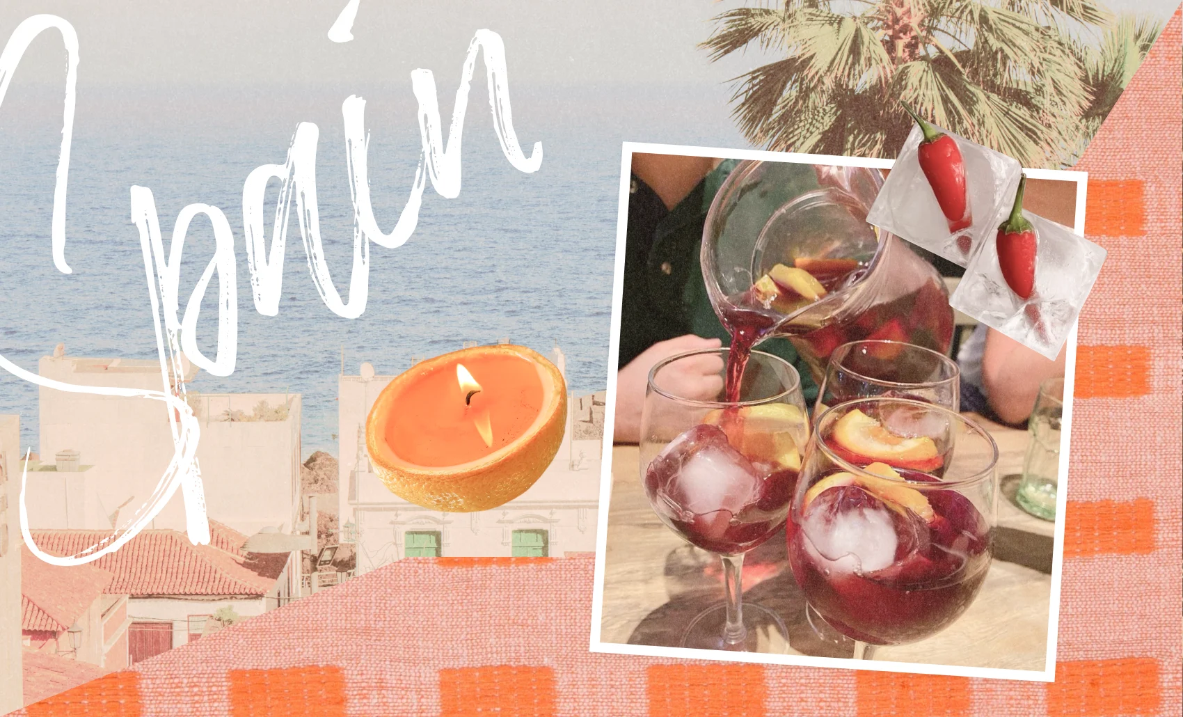 Person pouring red sangria with ice and fruit slices into glasses on a wooden table.