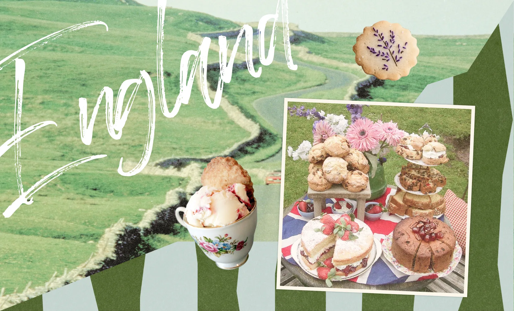 English countryside with tea and cakes including scones, Victoria sponge, and fruit cake on table outdoors.