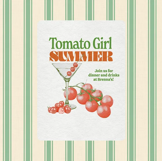 Invitation with tomatoes, a martini glass, and text to join for dinner and drinks at Brenna's.