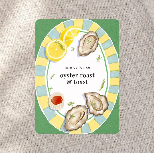 Invitation card with oysters, lemon slices, sauce, and text: join us for an oyster roast & toast.