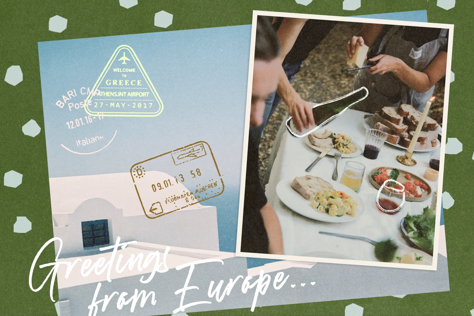 Postcard style image with Greek architecture and a table of food being served by hand.