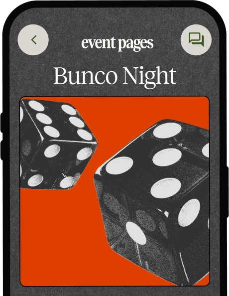 Mobile screen showing an event page titled 'Bunco Night' with two black dice displaying different numbers on an orange background.