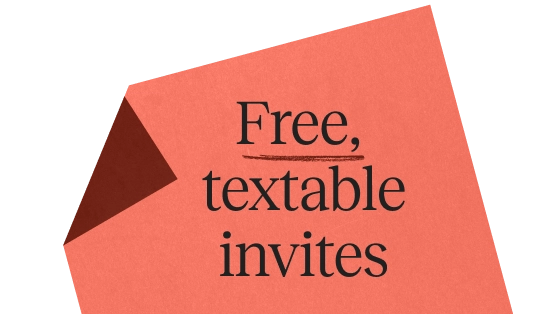 A red rectangular card with a curled top left corner and the text 'Free, textable invites' in black.