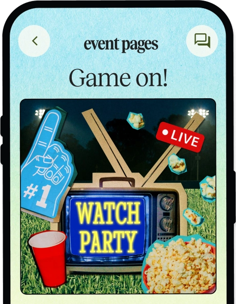 Smartphone screen showing an event page titled 'Game on!' with a graphic of a vintage TV displaying 'WATCH PARTY' in yellow letters, a blue foam finger with '#1', a red plastic cup, a bowl of popcorn, and floating popcorn pieces, with a red 'LIVE' tag on the TV antenna against a grass background.