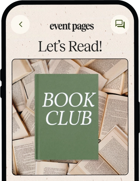 Mobile screen displaying an event page titled 'Let's Read!' with a green book labeled 'Book Club' placed on a background of open book pages.