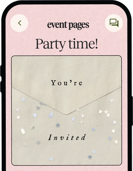 Smartphone screen showing an event page with a pink background and black text that says 'Party time!' and an image of a beige envelope with silver star confetti and text 'You're Invited'.
